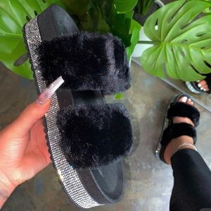 Rhinestone Fur Slides